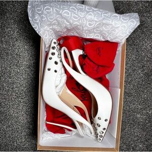 Christian Louboutin - Drama Sling White Heels Silver Spikes 100 red bottom